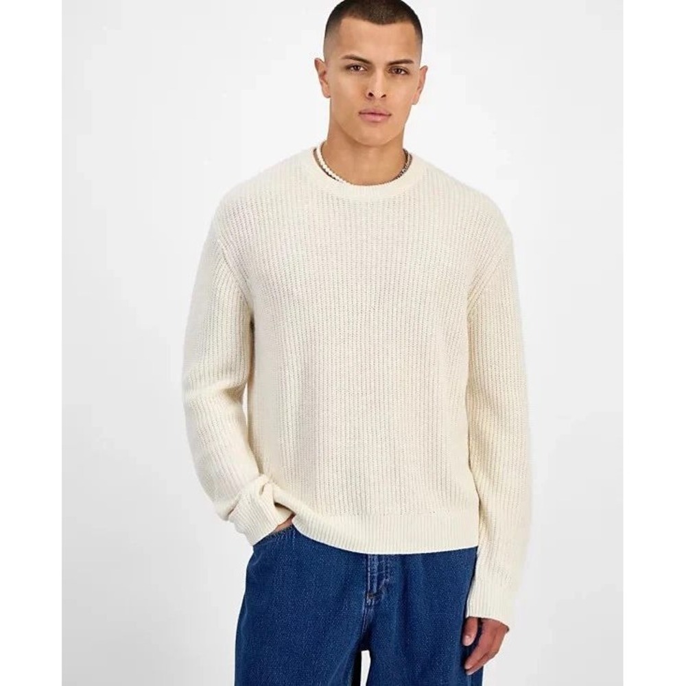 Mode of One Mens Shaker Stitch Crewneck Sweater Bleached Oak Off White Small NEW